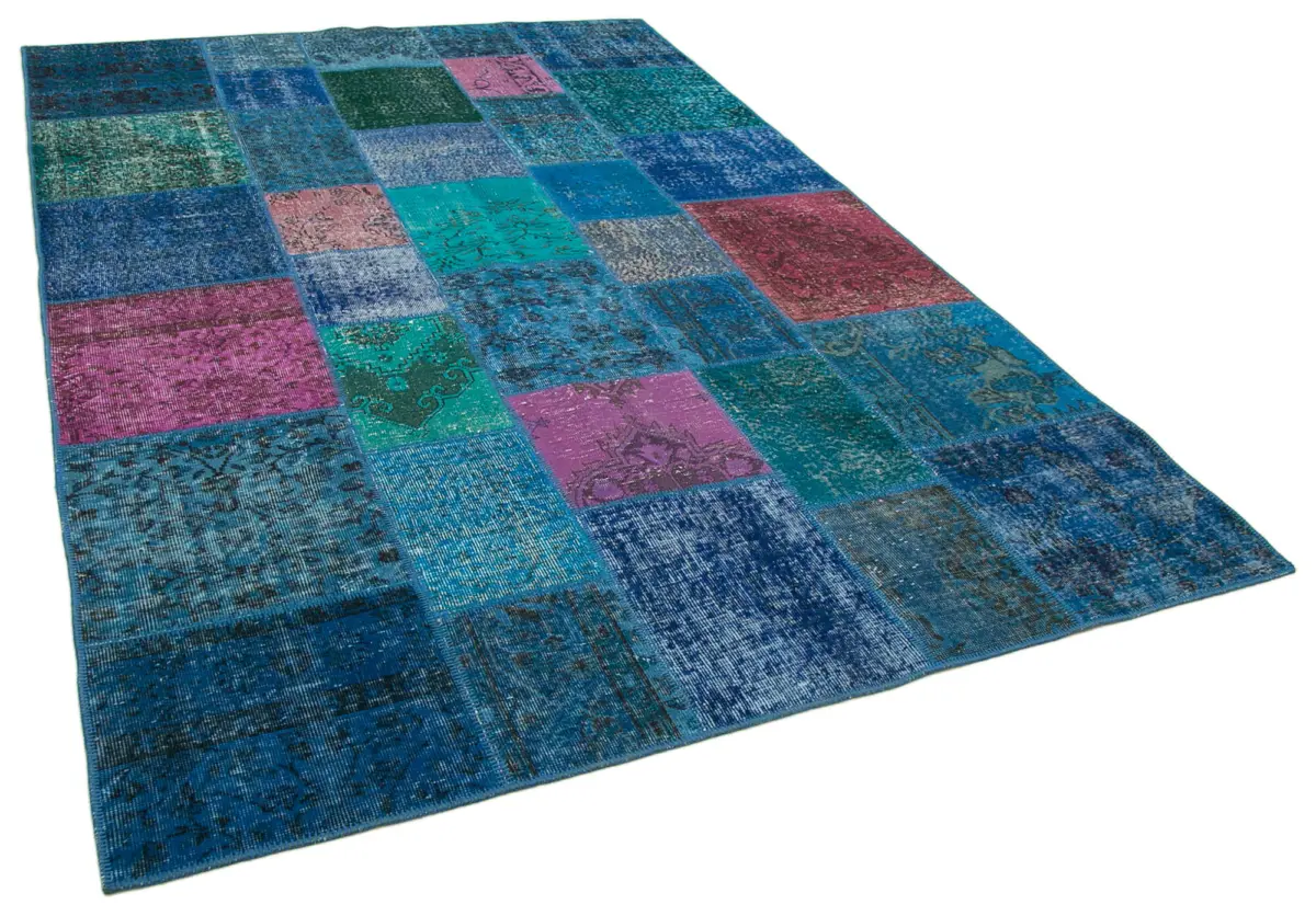 Patchwork Mavi Pamuk Üzerine Yün El Dokuma Kilim-205x300 - Görsel 2