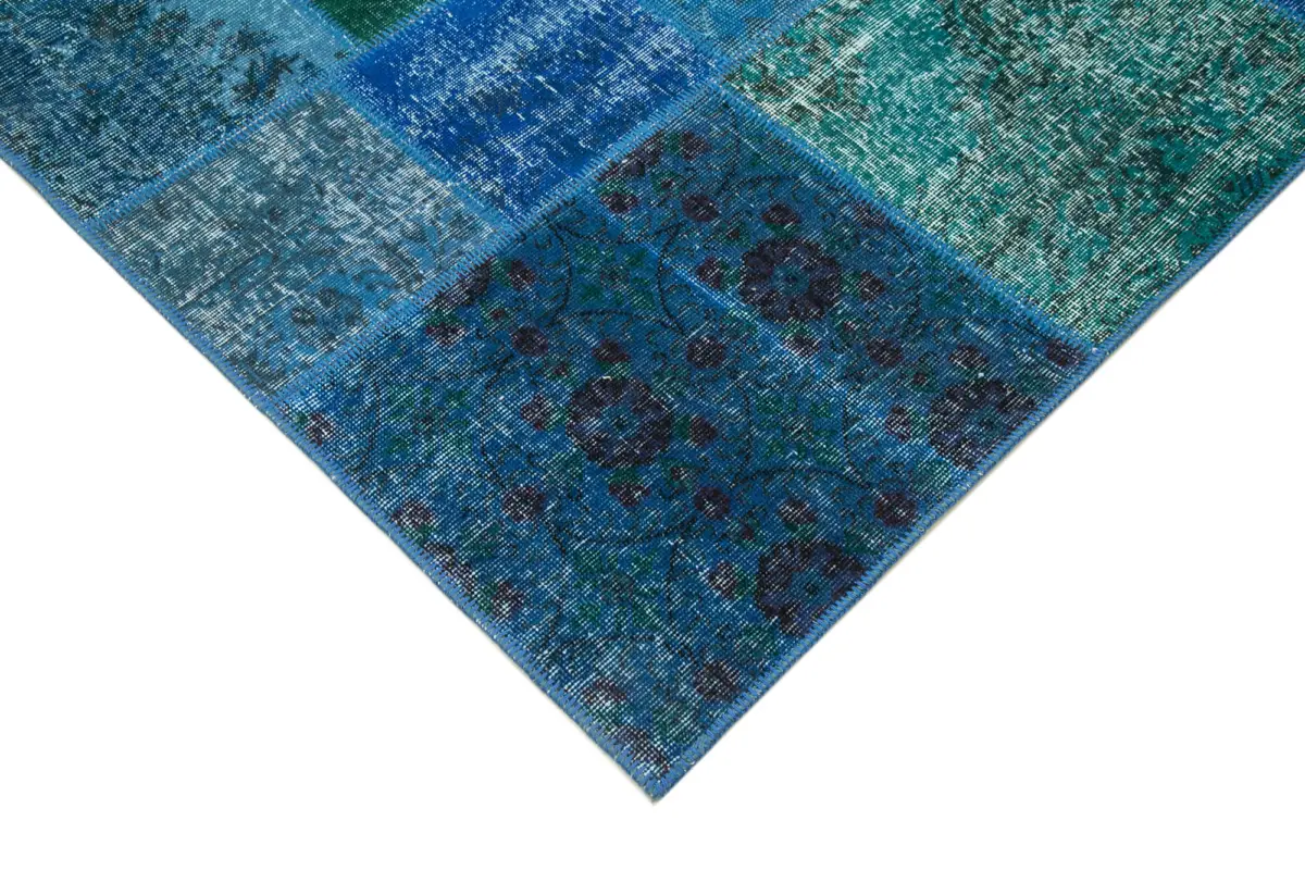 Patchwork Mavi Pamuk Üzerine Yün El Dokuma Kilim-205x300 - Görsel 4