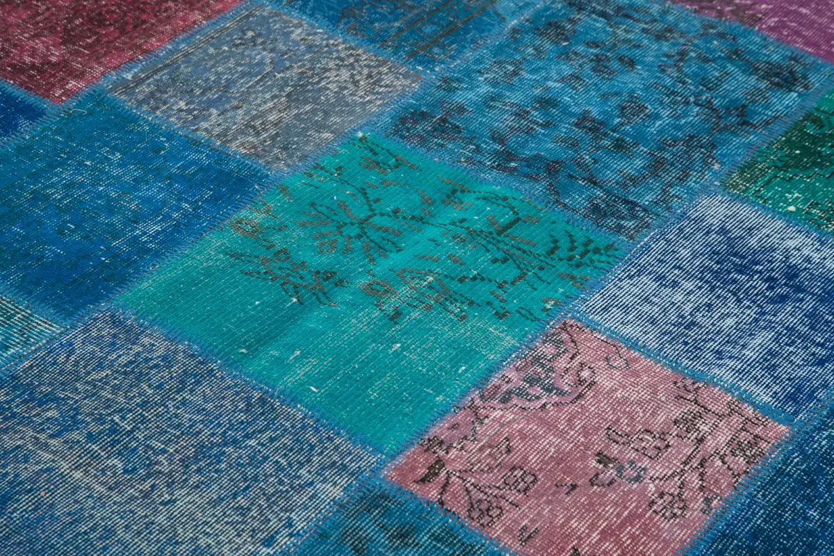 Patchwork Mavi Pamuk Üzerine Yün El Dokuma Kilim-205x300 - Görsel 5
