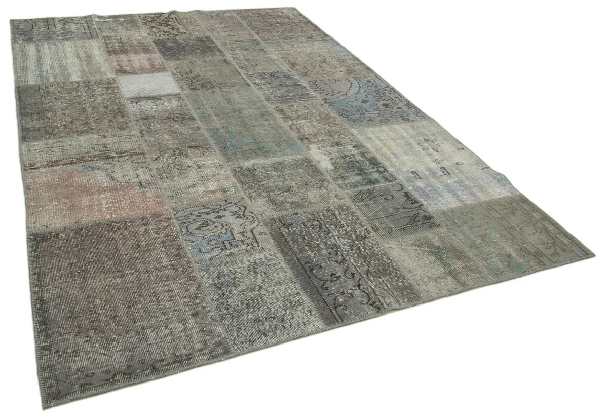 Patchwork Gri Pamuk Üzerine Yün El Dokuma Kilim-202x296 - Görsel 2