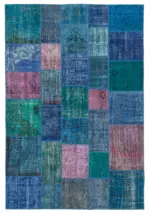 Patchwork Mavi Pamuk Üzerine Yün El Dokuma Kilim-202x300