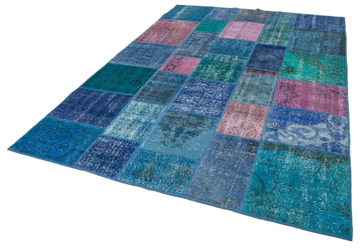Patchwork Mavi Pamuk Üzerine Yün El Dokuma Kilim-202x300 - Görsel 3
