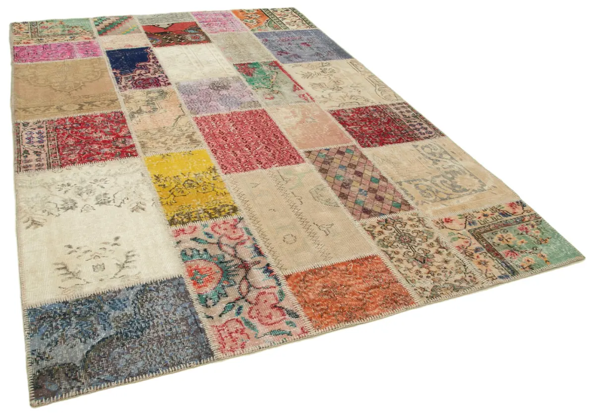 Patchwork Multi Pamuk Üzerine Yün El Dokuma Kilim-203x292 - Görsel 2