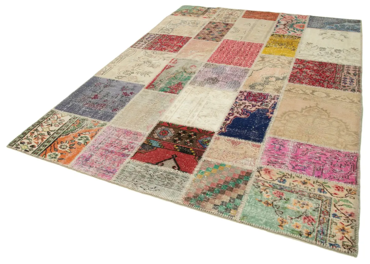 Patchwork Multi Pamuk Üzerine Yün El Dokuma Kilim-203x292 - Görsel 3