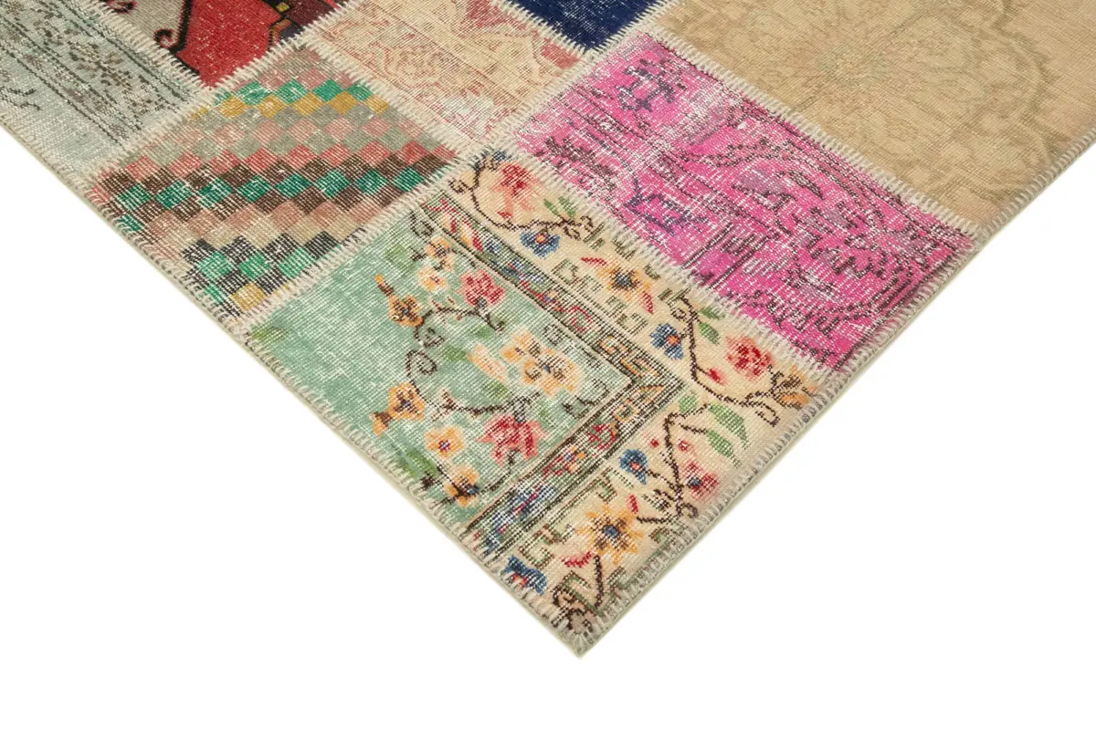 Patchwork Multi Pamuk Üzerine Yün El Dokuma Kilim-203x292 - Görsel 4