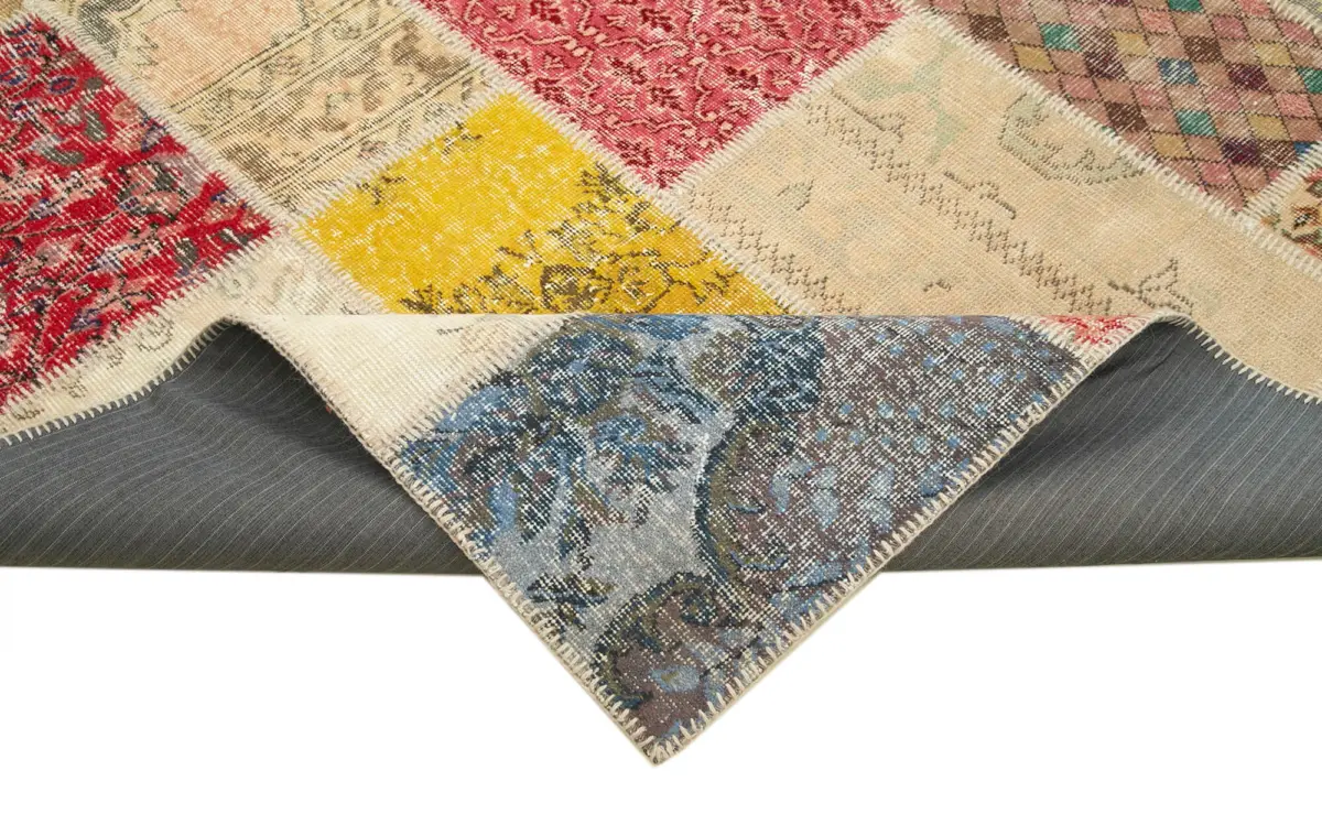 Patchwork Multi Pamuk Üzerine Yün El Dokuma Kilim-203x292 - Görsel 6