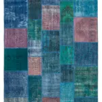 Patchwork Mavi Pamuk Üzerine Yün El Dokuma Kilim-203x300
