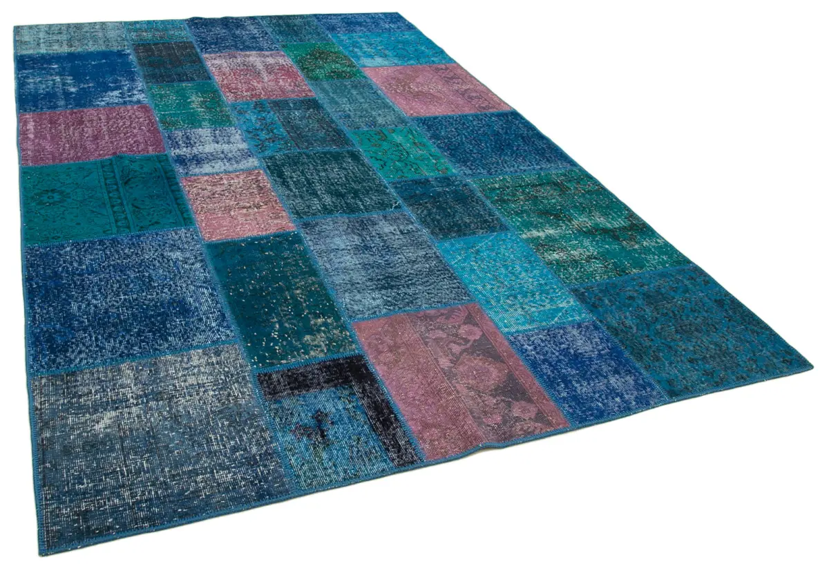 Patchwork Mavi Pamuk Üzerine Yün El Dokuma Kilim-203x300 - Görsel 2