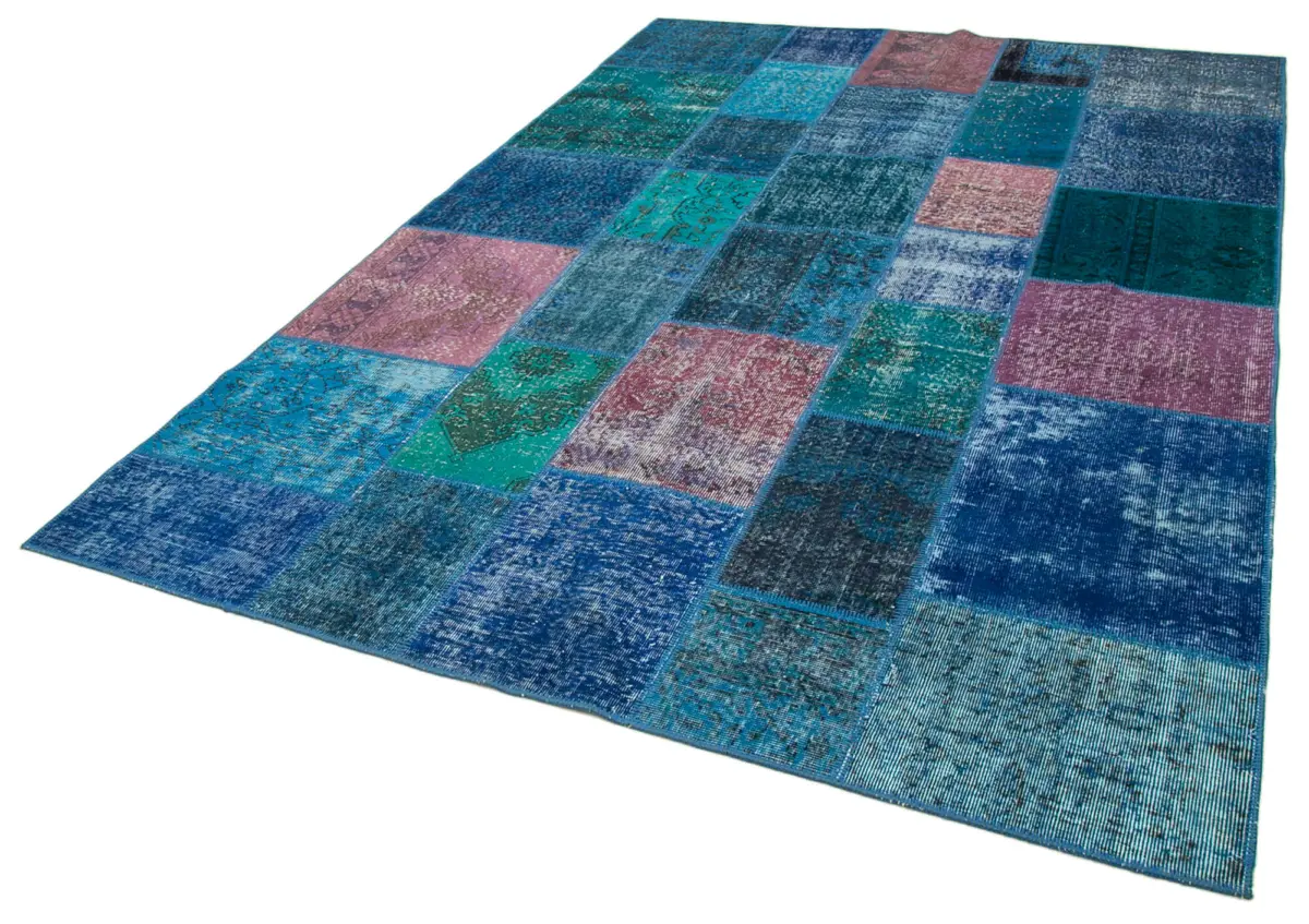 Patchwork Mavi Pamuk Üzerine Yün El Dokuma Kilim-203x300 - Görsel 3