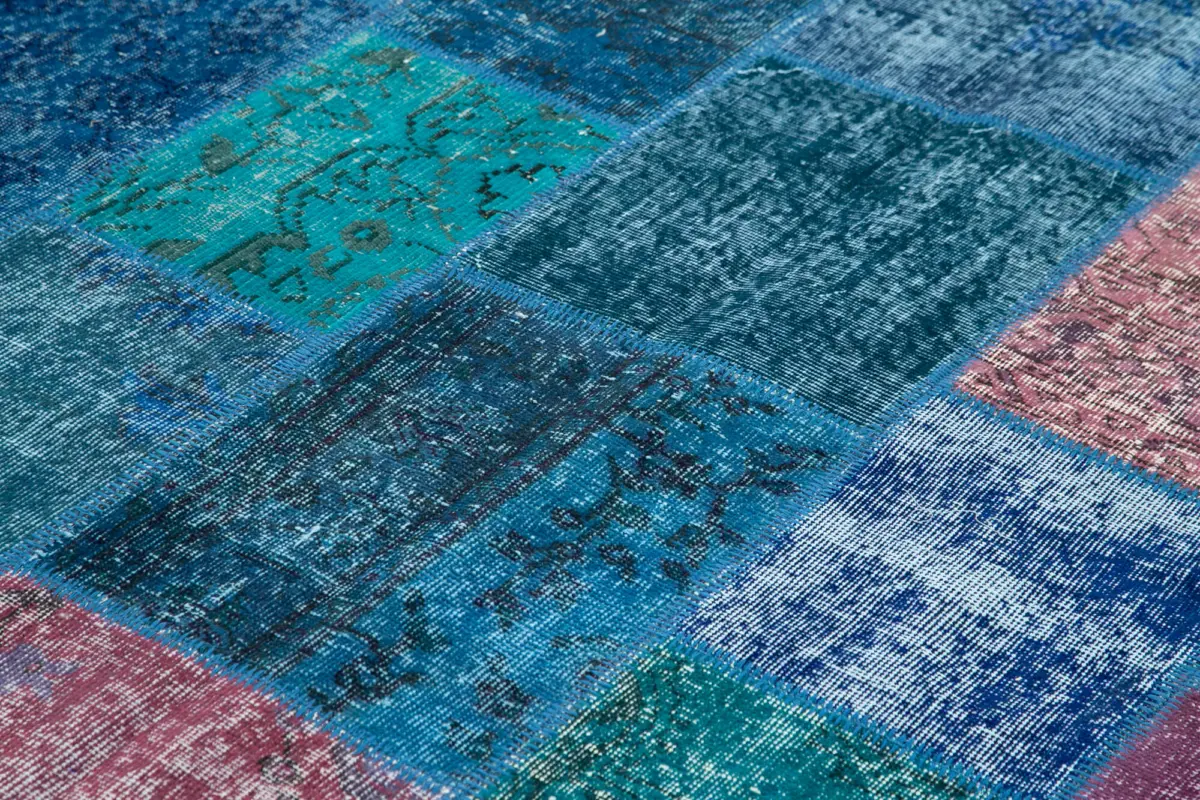 Patchwork Mavi Pamuk Üzerine Yün El Dokuma Kilim-203x300 - Görsel 5