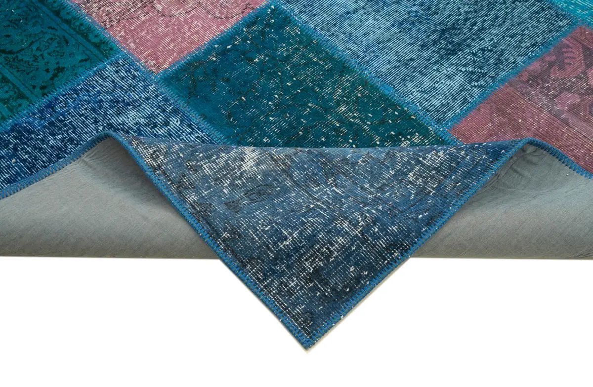 Patchwork Mavi Pamuk Üzerine Yün El Dokuma Kilim-203x300 - Görsel 6