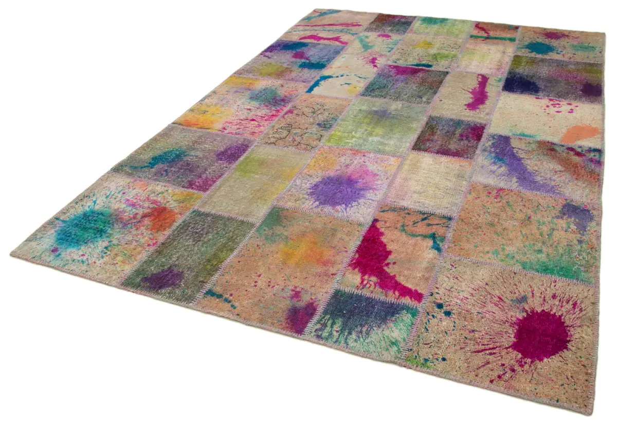 Patchwork Multi Pamuk Üzerine Yün El Dokuma Kilim-204x300 - Görsel 3