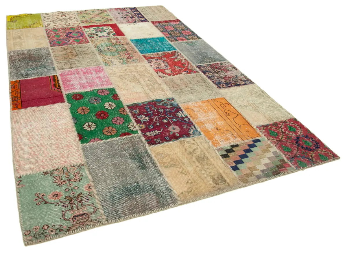 Patchwork Multi Pamuk Üzerine Yün El Dokuma Kilim-198x305 - Görsel 2