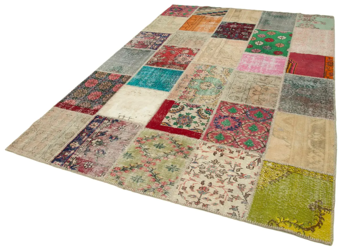 Patchwork Multi Pamuk Üzerine Yün El Dokuma Kilim-198x305 - Görsel 3