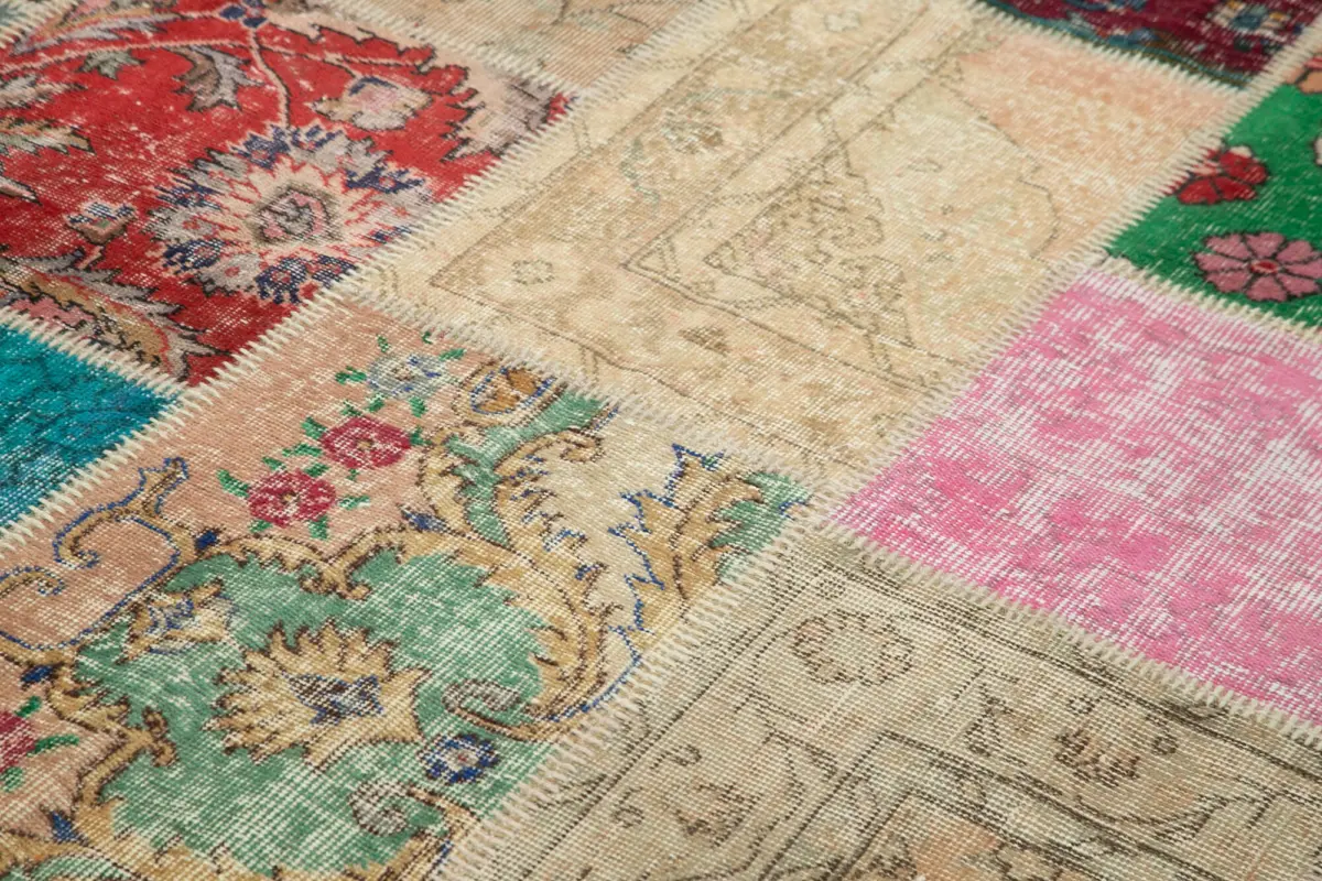 Patchwork Multi Pamuk Üzerine Yün El Dokuma Kilim-198x305 - Görsel 5