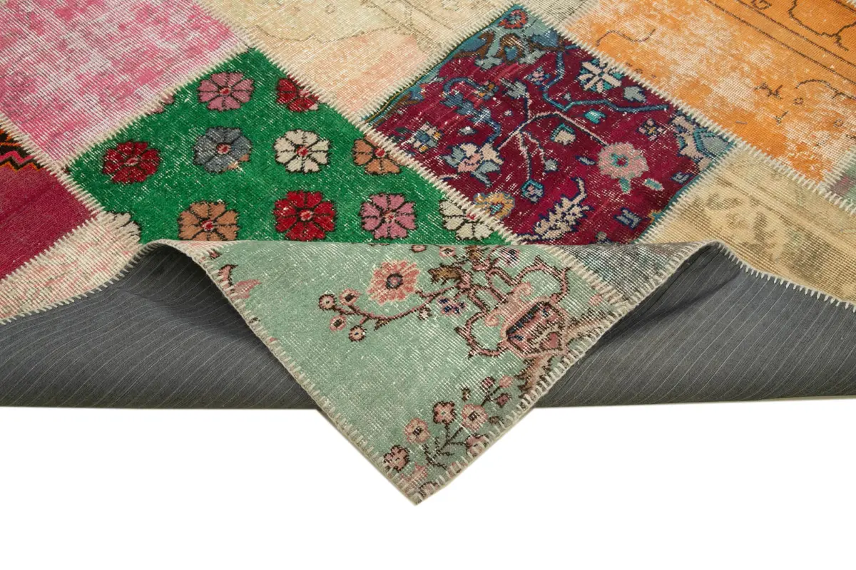 Patchwork Multi Pamuk Üzerine Yün El Dokuma Kilim-198x305 - Görsel 6