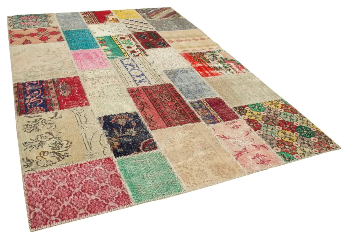 Patchwork Multi Pamuk Üzerine Yün El Dokuma Kilim-204x296 - Görsel 2