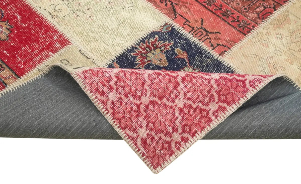 Patchwork Multi Pamuk Üzerine Yün El Dokuma Kilim-204x296 - Görsel 6