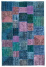 Patchwork Mavi Pamuk Üzerine Yün El Dokuma Kilim-202x300