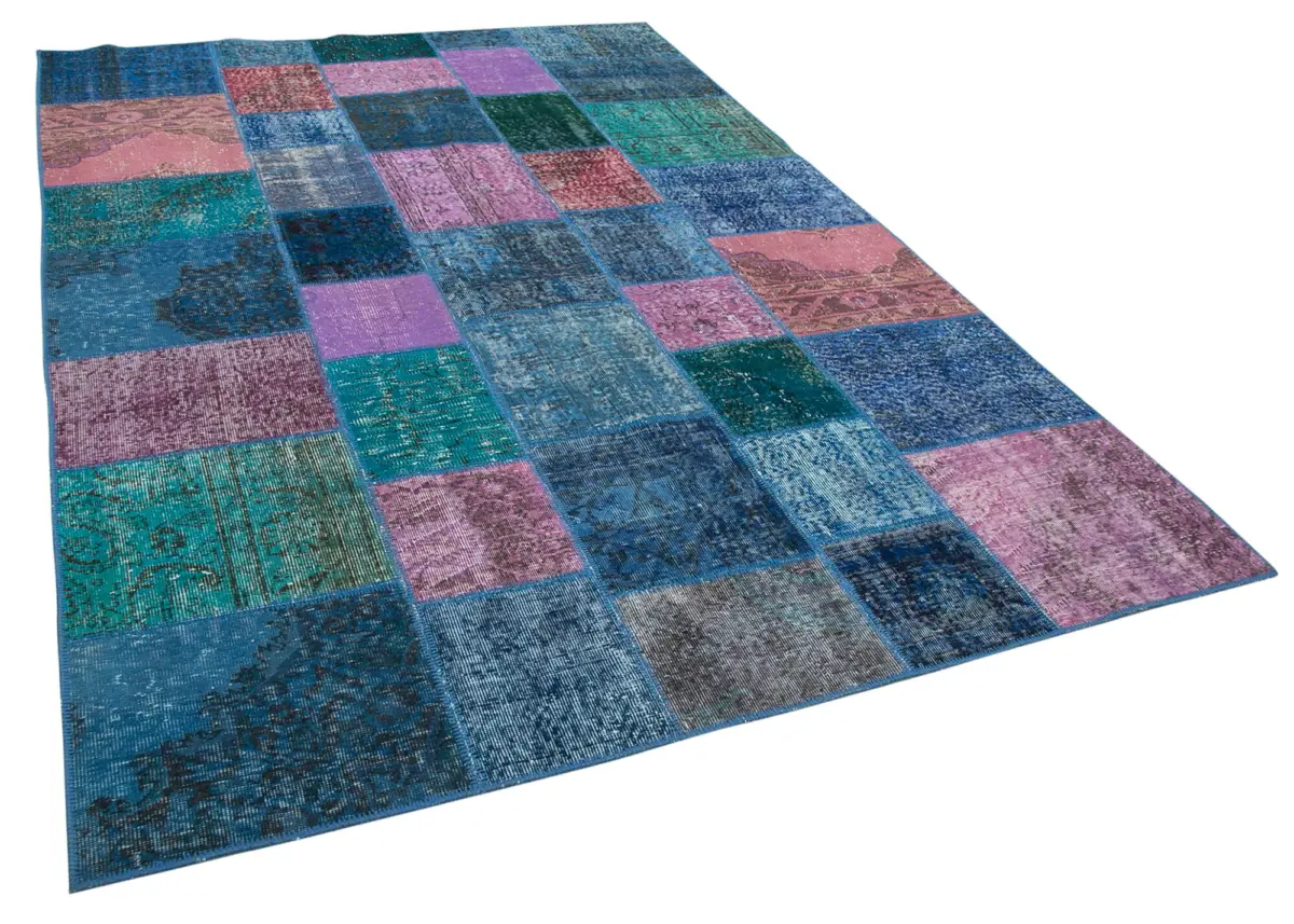 Patchwork Mavi Pamuk Üzerine Yün El Dokuma Kilim-202x300 - Görsel 2
