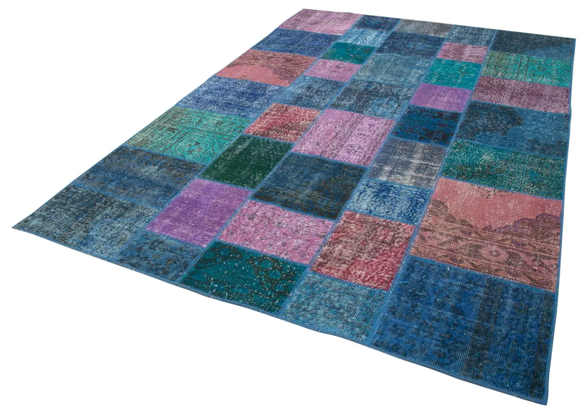 Patchwork Mavi Pamuk Üzerine Yün El Dokuma Kilim-202x300 - Görsel 3