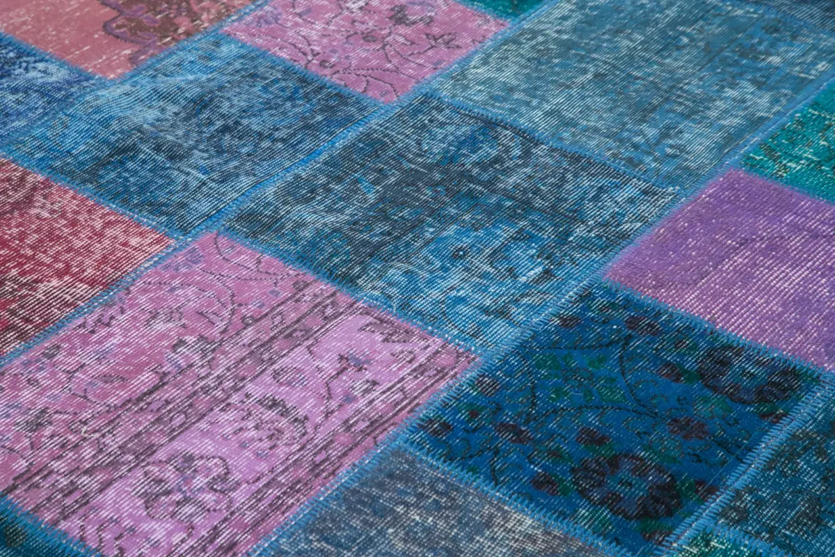 Patchwork Mavi Pamuk Üzerine Yün El Dokuma Kilim-202x300 - Görsel 5