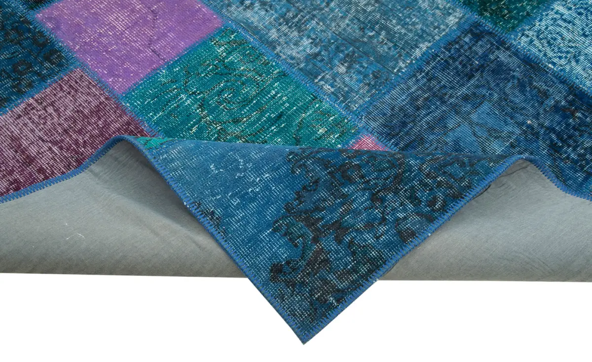 Patchwork Mavi Pamuk Üzerine Yün El Dokuma Kilim-202x300 - Görsel 6