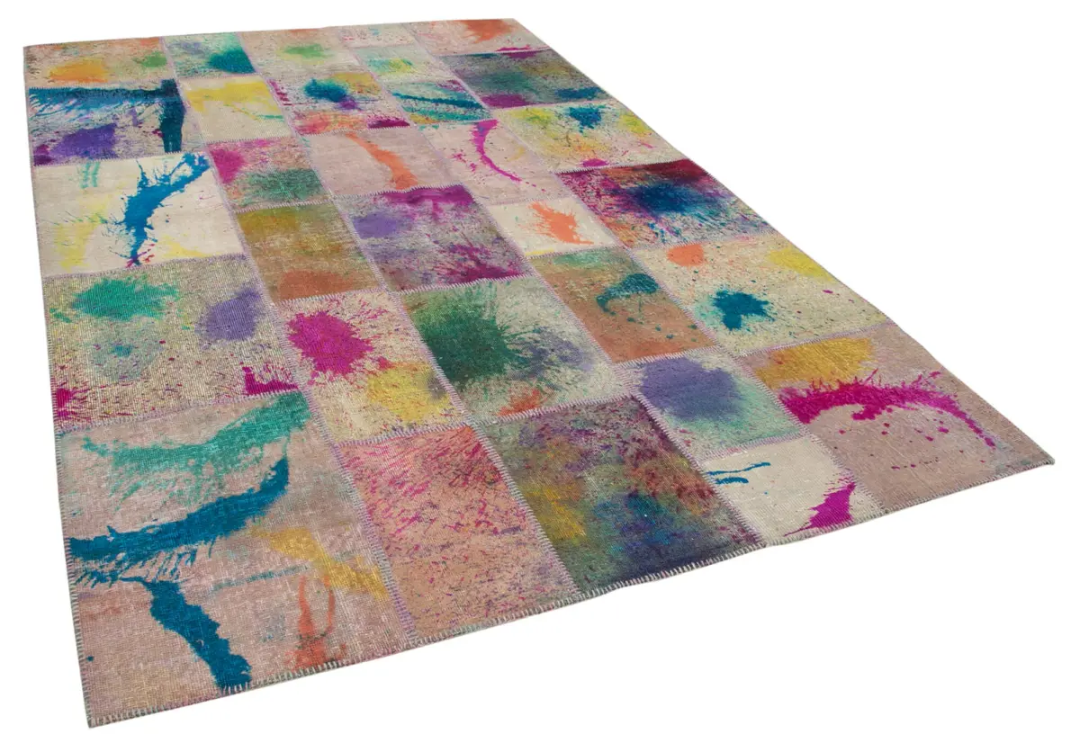 Patchwork Multi Pamuk Üzerine Yün El Dokuma Kilim-206x302 - Görsel 2