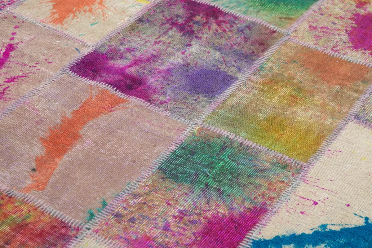 Patchwork Multi Pamuk Üzerine Yün El Dokuma Kilim-206x302 - Görsel 5