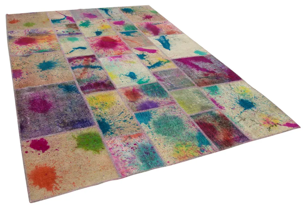 Patchwork Multi Pamuk Üzerine Yün El Dokuma Kilim-204x298 - Görsel 2