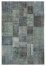 Patchwork Gri Pamuk Üzerine Yün El Dokuma Kilim-205x302