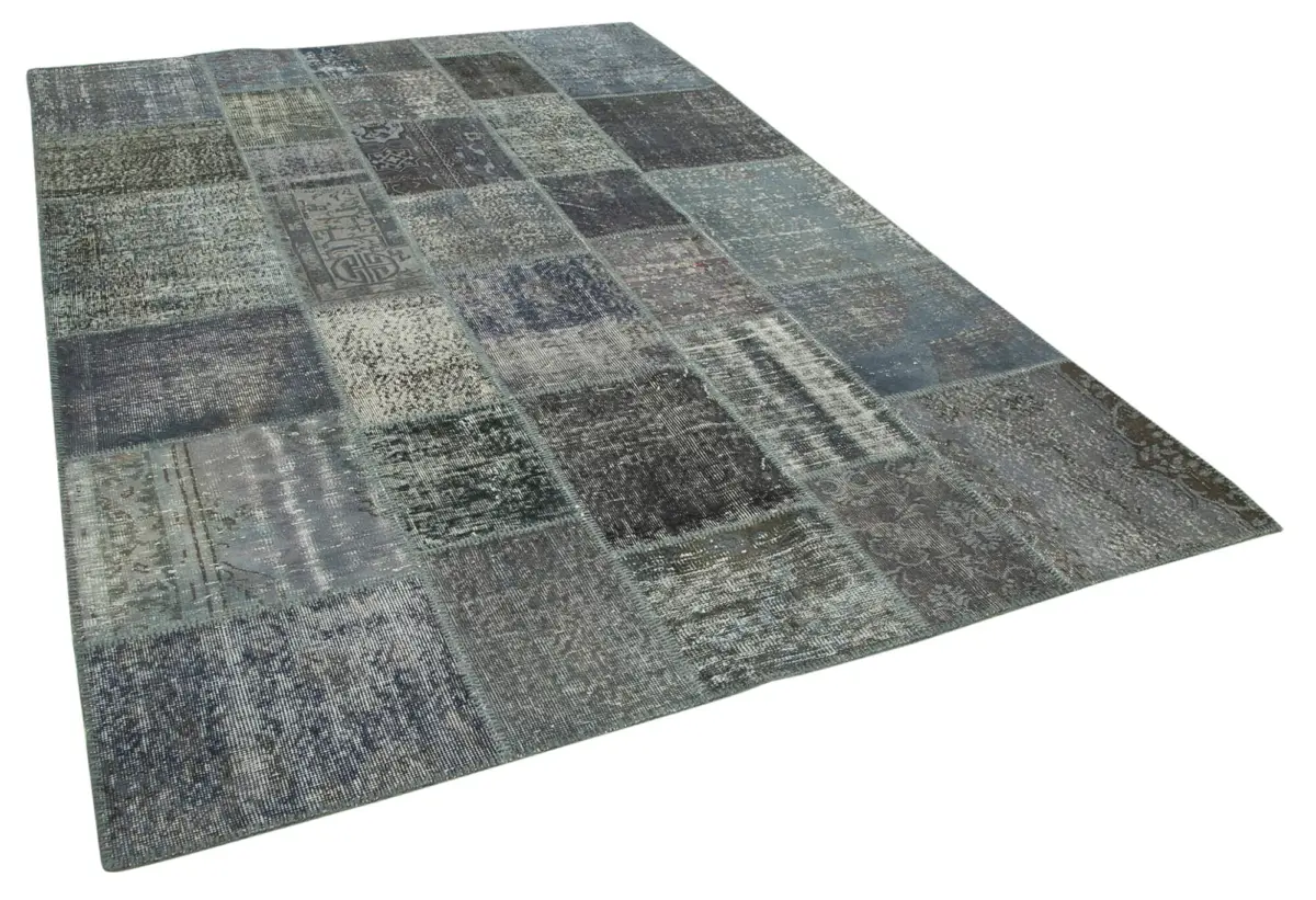 Patchwork Gri Pamuk Üzerine Yün El Dokuma Kilim-205x302 - Görsel 2