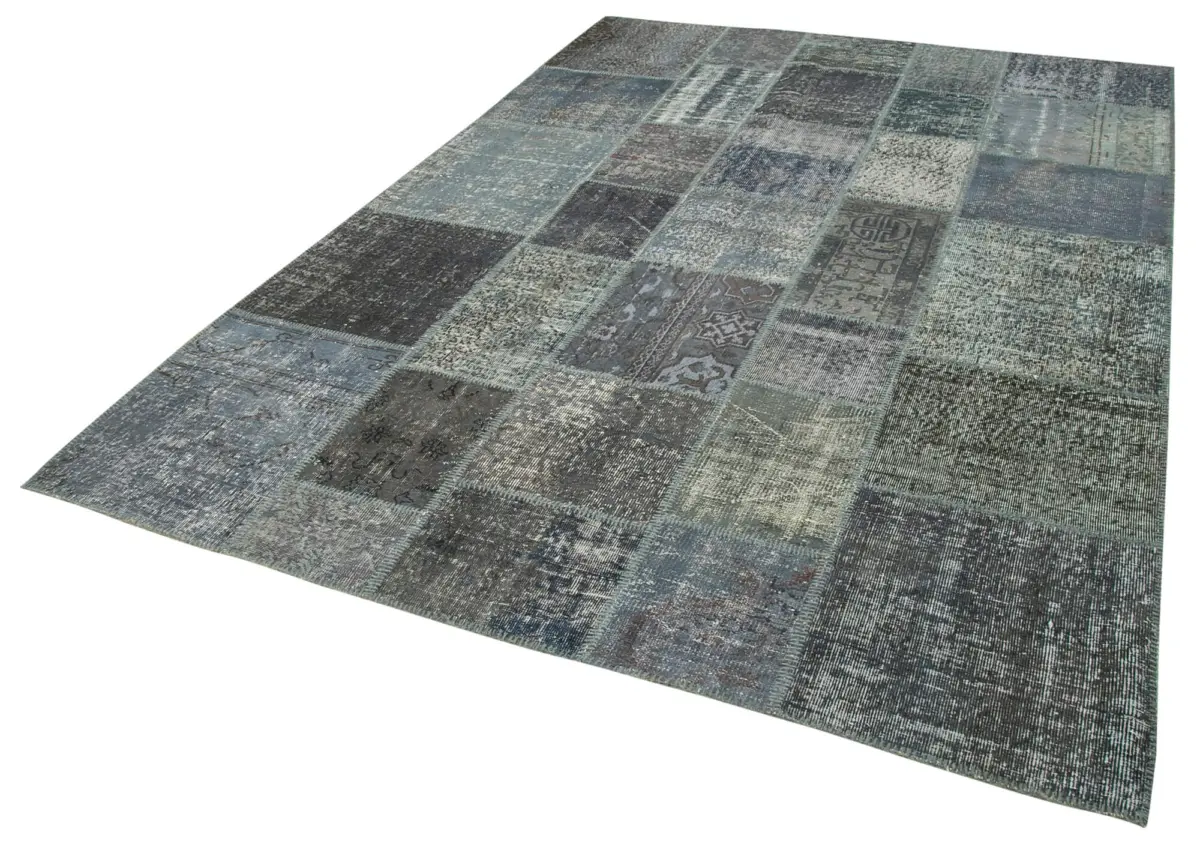 Patchwork Gri Pamuk Üzerine Yün El Dokuma Kilim-205x302 - Görsel 3