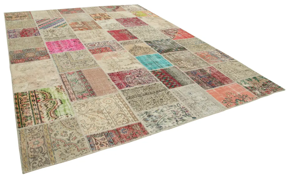 Patchwork Bej Pamuk Üzerine Yün El Dokuma Kilim-303x402 - Görsel 2
