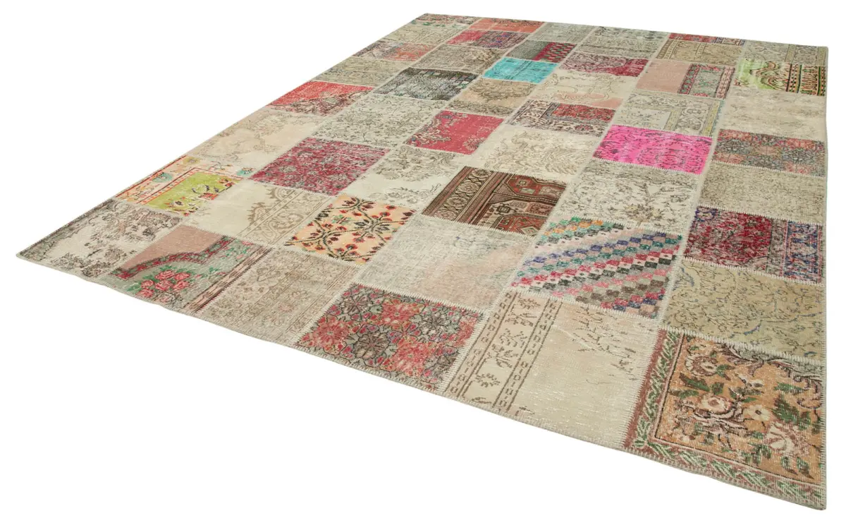 Patchwork Bej Pamuk Üzerine Yün El Dokuma Kilim-303x402 - Görsel 3