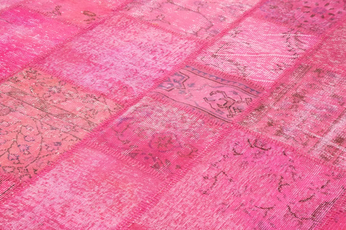 Patchwork Pembe Pamuk Üzerine Yün El Dokuma Kilim-244x353 - Görsel 5