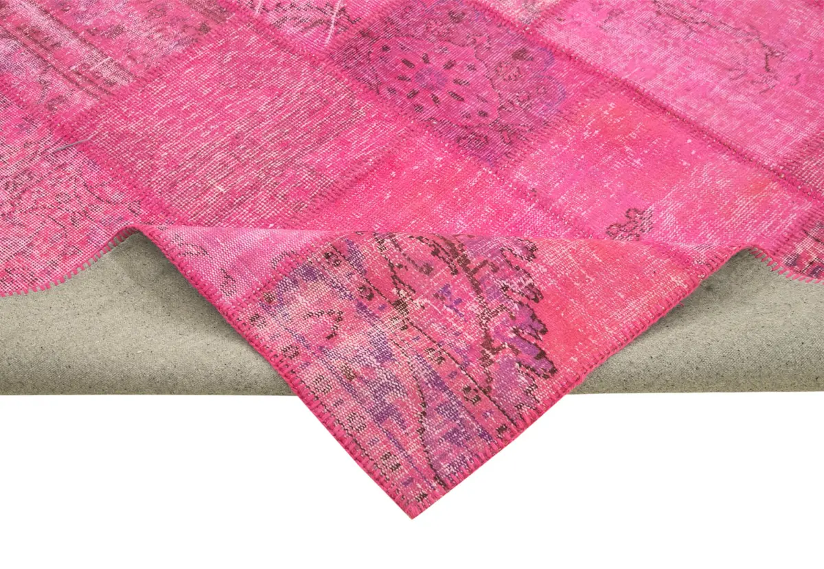 Patchwork Pembe Pamuk Üzerine Yün El Dokuma Kilim-244x353 - Görsel 6