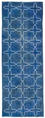 Modern Halı- Mavi Pamuk Üzerine Yün El Dokuma Halı-144x402