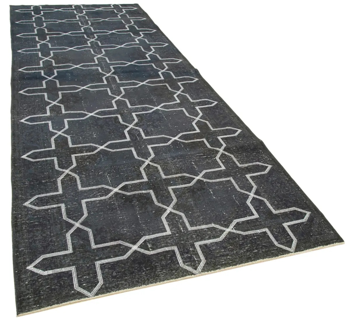 Modern Halı- Siyah Pamuk Üzerine Yün El Dokuma Halı-141x400 - Görsel 2