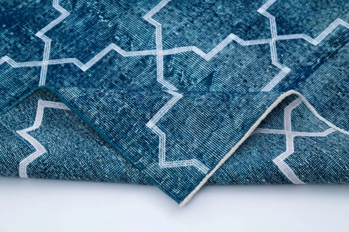 Modern Halı- Turkuaz Pamuk Üzerine Yün El Dokuma Halı-144x380 - Görsel 5