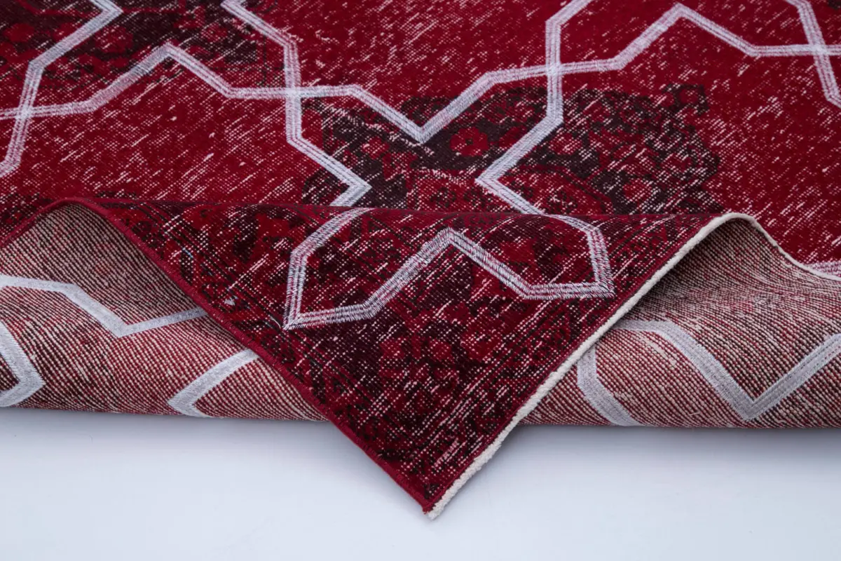 Modern Halı- Kırmızı Pamuk Üzerine Yün El Dokuma Halı-140x370 - Görsel 5