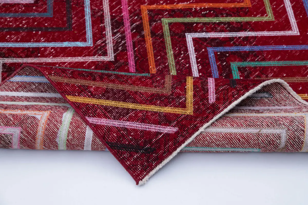 Modern Halı- Kırmızı Pamuk Üzerine Yün El Dokuma Halı-140x377 - Görsel 5