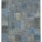 Patchwork Mavi Pamuk Üzerine Yün El Dokuma Kilim-235x353