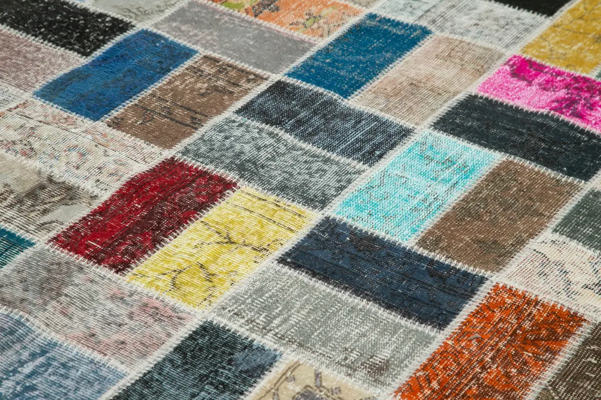 Patchwork Multi Pamuk Üzerine Yün El Dokuma Kilim-263x350 - Görsel 5