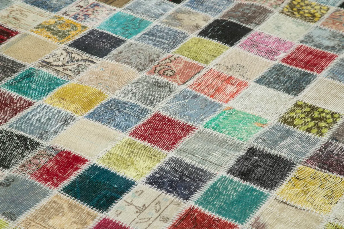 Patchwork Multi Pamuk Üzerine Yün El Dokuma Kilim-260x350 - Görsel 5