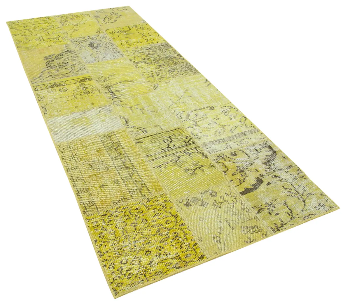 Patchwork Sarı Pamuk Üzerine Yün El Dokuma Kilim-107x257 - Görsel 2