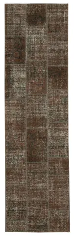 Patchwork Kahverengi Pamuk Üzerine Yün El Dokuma Kilim-086x306