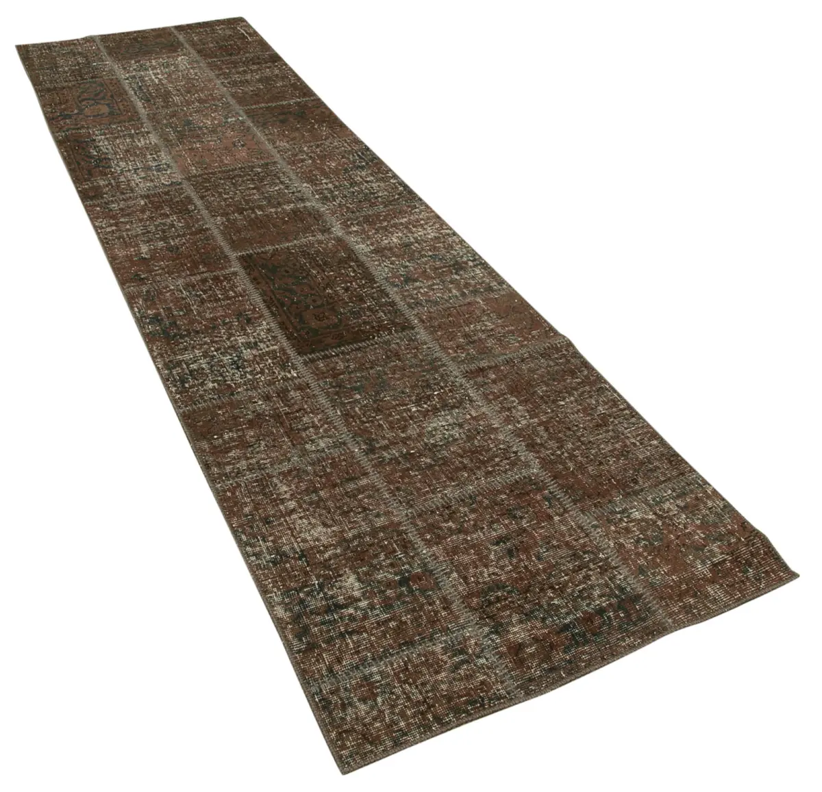 Patchwork Kahverengi Pamuk Üzerine Yün El Dokuma Kilim-086x306 - Görsel 2