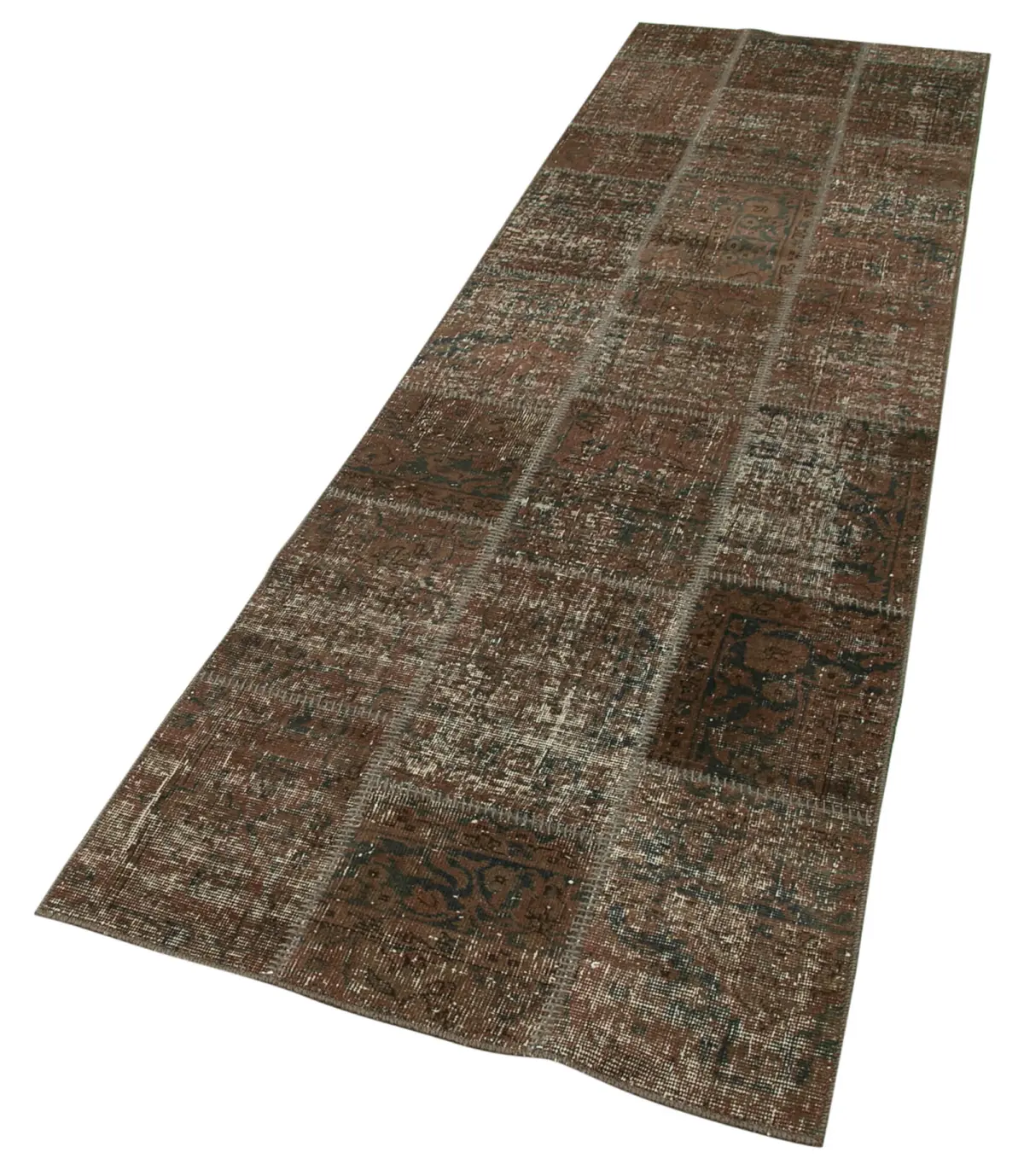 Patchwork Kahverengi Pamuk Üzerine Yün El Dokuma Kilim-086x306 - Görsel 3