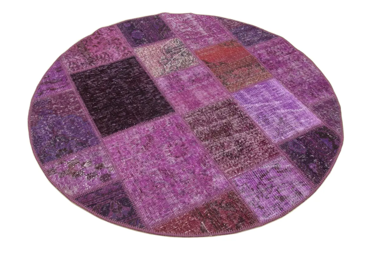 Patchwork Mor Pamuk Üzerine Yün El Dokuma Kilim-145x145 - Görsel 2